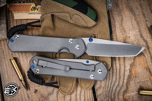 Left Hand-Chris Reeve Knives Large Sebenza 31 Folding Knife Sandblasted Titanium, Blue Accents 3.6" MagnaCut Tanto L31-1011