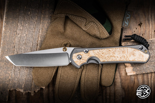 Chris Reeve Knives Large Sebenza 31 Folding Knife Glass Blasted Titanium, Box Elder Inlay 3.6" MagnaCut Tanto L31-1132