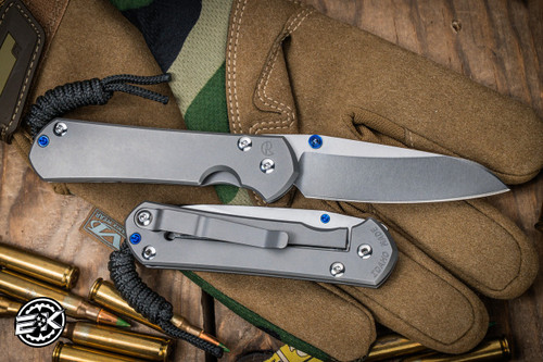 Left Hand-Chris Reeve Knives Small Sebenza 31 Folding Knife Glass Blasted Titanium, Blue Accents 3" MagnaCut Insingo Stonewash S31-1686