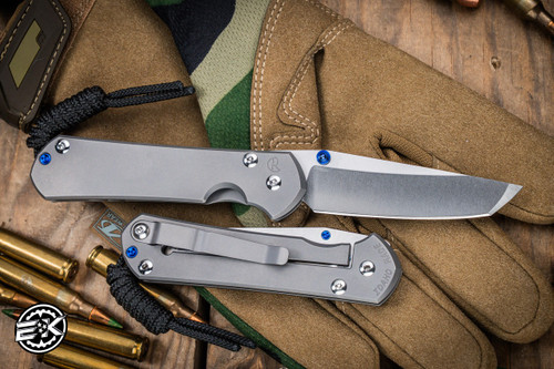 Left Hand-Chris Reeve Knives Small Sebenza 31 Folding Knife Glass Blasted Titanium, Blue Accents 3" MagnaCut Tanto S31-1688