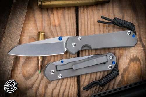 Chris Reeve Knives Small Sebenza 31 Folding Knife Sandblasted Titanium, Blue Accents 3" MagnaCut Insingo Stonewash S31-1008
