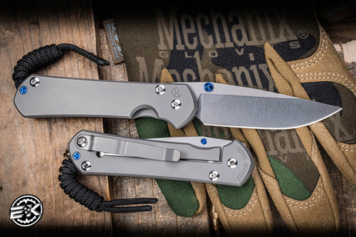 Left Hand-Chris Reeve Knives Small Sebenza 31 Folding Knife Glass Blasted Titanium, Blue Accents 3" MagnaCut Drop Point Stonewash S31-1645