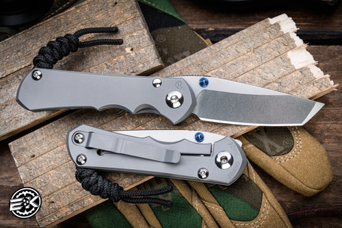 Left Hand-Chris Reeve Knives Small Inkosi Folding Knife Glass Blasted Titanium, Blue Accents 2.8" MagnaCut Tanto Stonewash SIN-1131