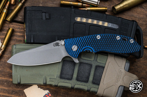 Rick Hinderer Knives XM-18 3.5" Sheepsfoot Folding Knife Blue/Black G10, Working Finish Titanium