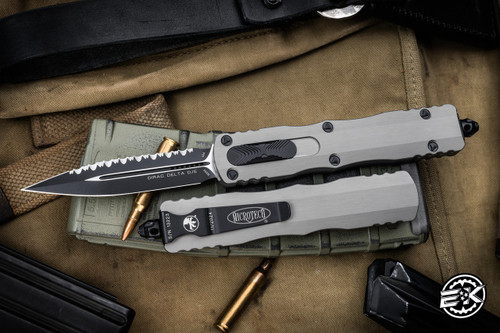 Microtech Dirac Delta OTF Automatic Knife Natural Clear Aluminum 3.75" M390 Dagger Serrated Black 227-3NC