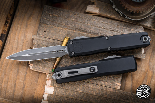 Microtech Ultratech Gen III ZBP OTF Automatic Knife Black Aluminum 3.5" M390 Dagger Apocalyptic Stonewash 1122-10AP