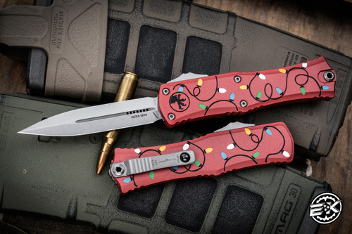 Microtech Hera II Mini OTF Automatic Knife Christmas Red Aluminum 3" Dagger Stonewash 1702M-10RDCMAS