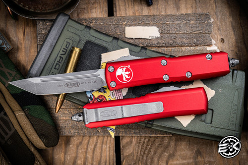 Microtech UTX-85 OTF Automatic Knife Red Aluminum 3" M390 Apocalyptic Stonewash 233-10APRD
