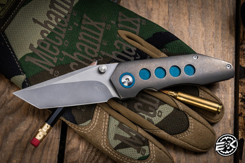 Koert Knives Custom Mini Sabot Tumbled Titanium Vintage Blue Paper Micarta Inlay 3" Zirblasted