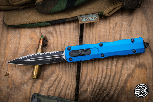Preowned-Microtech Dirac OTF Automatic Knife Blue 3" Dagger Black Serrated  225-3BL