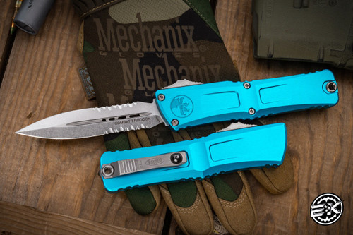 Microtech Combat Troodon Gen III OTF Automatic Knife Turquoise 4" Dagger Stonewash Serrated 1142-11TQ