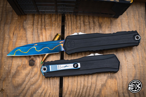 Microtech/Marfione Cypher II OTF Automatic Knife Blue Titanium 3.5" Wharncliffe Blued Baker Forge Copper Mai Damascus 1241-16MS1
