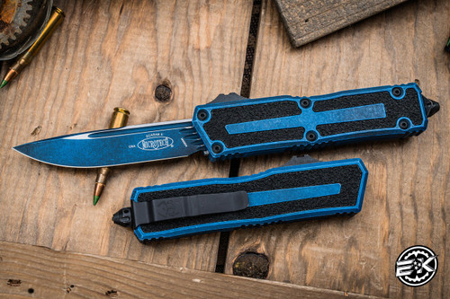 Microtech Scarab II Gen III OTF Automatic Knife Weathered Blue 3.9" M390 Drop Point Blue 1278-1WBL