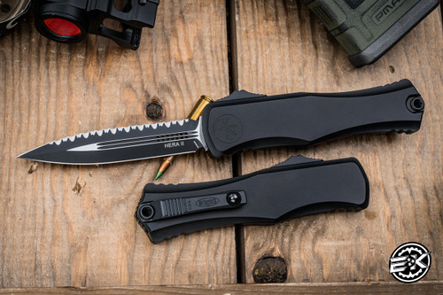 Microtech Hera II OTF Automatic Knife Tactical Aluminum 3.85" M390MK Dagger Serrated Black 1702-3T