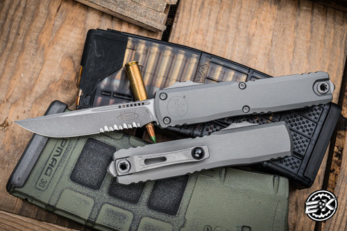 Microtech Ultratech Gen III ZBP OTF Automatic Knife Natural Clear 3.5" M390 Apocalyptic Stonewash Serrated 1121-11APNC