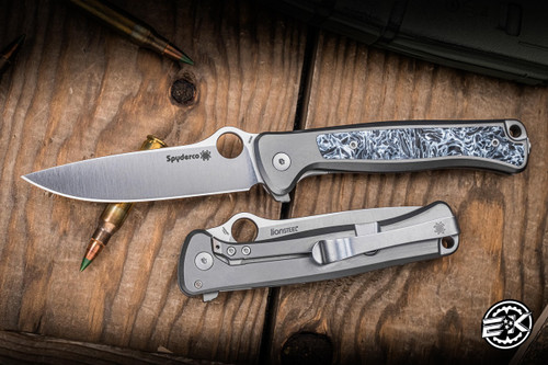 Spyderco x LionSteel SLYM Folding Knife Grey Titanium/Polar Dark Matter FC Inlay 3.42" M390 Drop Point Stonewash C271TIP