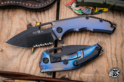 Heretic Knives Medusa Manual Folding Knife Antique Blue-Purple Titanium 3.25" MagnaCut Tanto Serrated H009-6B-TIBLURP