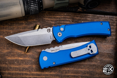 Chaves Knives/ProTech 229 Redencion Automatic Folding Knife Blue Aluminum 3.3" S35VN Tanto Stonewash