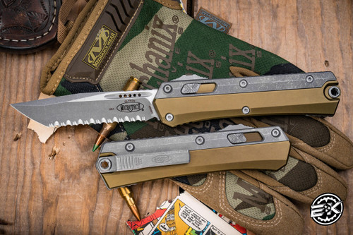 Microtech Glykon OTF Automatic Knife OD Green Aluminum/Titanium 3.75" Apocalyptic Tanto Stonewash Serrated 185-12APOD