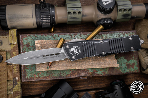 Preowned-Microtech Combat Troodon Distressed Black OTF Automatic Knife 3.8" Stonewash Dagger 142-10DBK