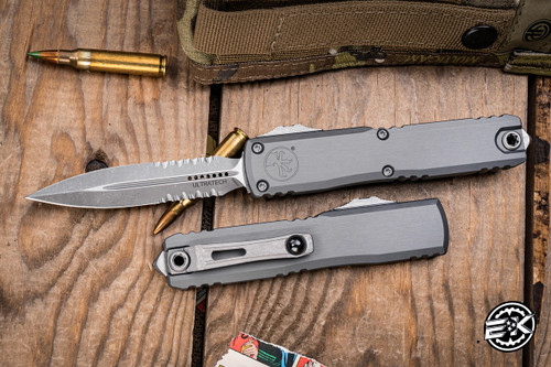 Microtech Ultratech Gen III ZBP OTF Automatic Knife Natural Clear 3.5" M390 Dagger Apocalyptic Stonewash Serrated 1122-11APNC