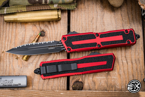 Microtech Scarab II Gen III OTF Automatic Knife Red Aluminum 4" M390 Dagger Serrated Black 1280-3RD