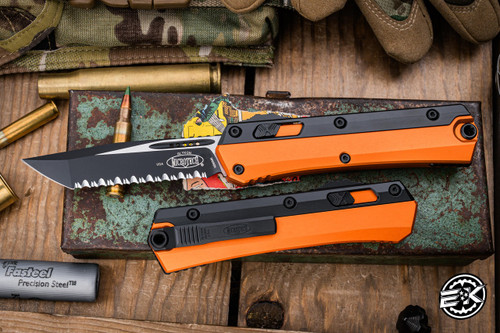 Microtech Glykon OTF Automatic Knife Orange Aluminum/Titanium 3.75" M390 Tanto Serrated Black 185-3OR