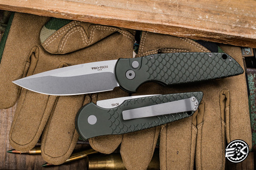 ProTech TR-3 X1 Tactical Response 3 Automatic Knife Green Fish Scale Aluminum 3.5" 154-CM Drop Point Stonewash TR-3X1SW-GREEN