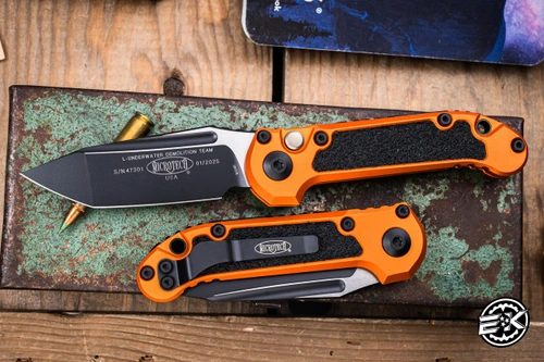 Microtech LUDT Gen III Automatic Folding Knife Orange Aluminum/Grip Inlay 3.4" M390 Tanto Black  1136-1OR