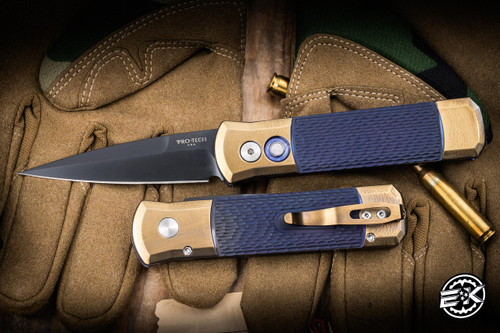 Pro-Tech Godson Custom Automatic Folding Knife Gold/Purple Titanium 3.15" 154CM DLC Black