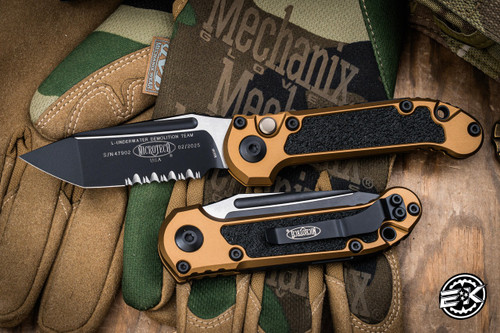 Microtech LUDT Gen III Automatic Folding Knife Tan Aluminum/Grip Inlay 3.4" M390 Tanto Black Serrated 1136-2TA