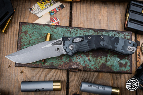 Preowned-Microtech Amphibian Ram-LOK Folding Knife Urban Camo Fluted Aluminum  3.9" Apocalyptic Stonewash 137RL-10APFLUCS