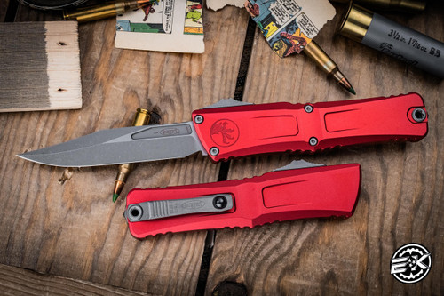 Microtech Combat Troodon Gen III OTF Automatic Red Aluminum 4" M390 Bowie Apocalyptic Stonewash 1146-10APRD