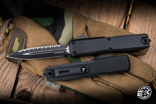 Microtech Ultratech Gen III ZBP OTF Automatic Knife Aluminum 3.5" M390 Dagger Full Serrated Black 1122-3T