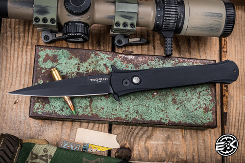 Preowned-ProTech Large Don Automatic Folding Knife Black w/ MOP Button 4.5" Spear Point DLC Black 1921-LTD