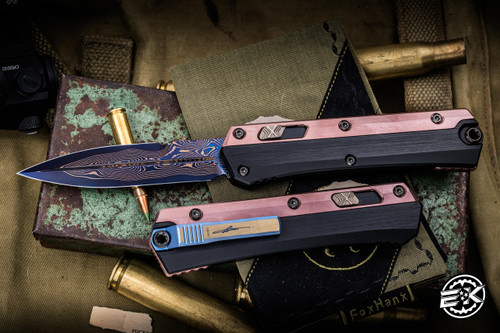 Microtech Marfione Select "Glykon" OTF Automatic Knife Titanium 3.75" Bayonet Blued Baker Forge CopperMai Damascus 184-16MS2