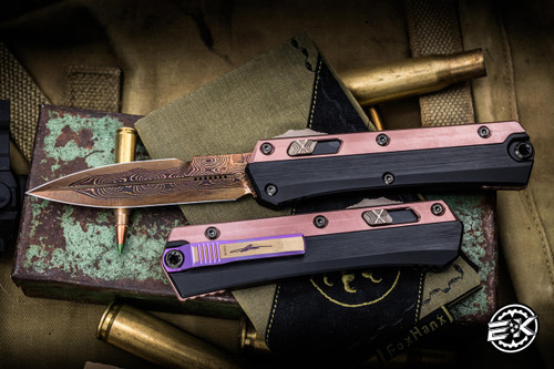 Microtech Marfione Select "Glykon" OTF Rose Gold Titanium 3.75" Bayonet Blued Baker Forge CopperMai Damascus 184-16MS3
