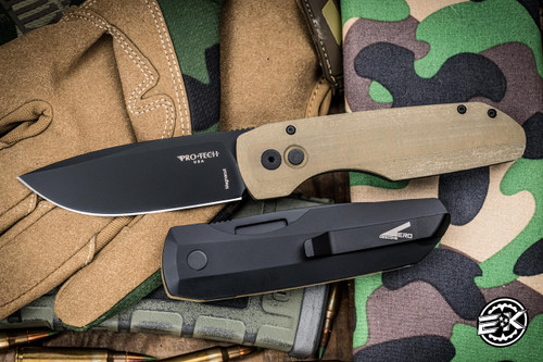 ProTech Vero Designs Synapse Automatic Folding Knife Black with Green Linen Aluminum/Micarta 3.5" MagnaCut DLC Black