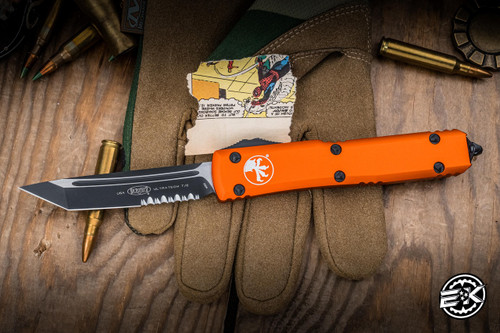 Preowned-Microtech Ultratech OTF Automatic Knife Orange 3.4" Tanto Serrated Black 123-2OR