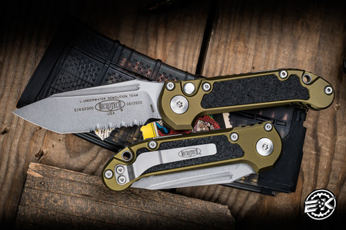 Microtech LUDT Automatic Folding Knife OD Green Aluminum/Traction Tape Inlay 3.4" M390 Tanto Stonewash Serrated 1136-11OD