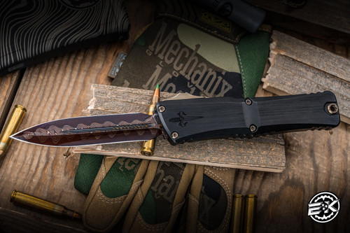 Marfione Custom Combat Troodon Gen III OTF Bronze Accents 4" Dagger Hot Blued Baker Forge CopperMai Damascus 1142-16HBLCPBZ
