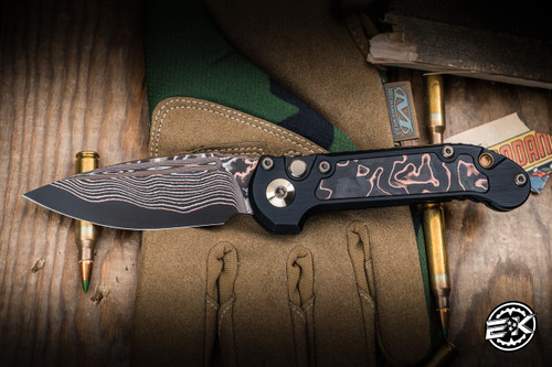 Microtech Marfione Select Custom LUDT Gen III Automatic Folding Knife Bronze Accents 3.4" Blued Baker Forge CopperMai Damascus 1135-16MS1-2