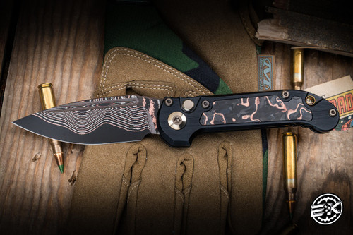 Microtech Marfione Select Custom LUDT Gen III Automatic Folding Knife Bronze Accents 3.4" Blued Baker Forge CopperMai Damascus 1135-16MS1-3