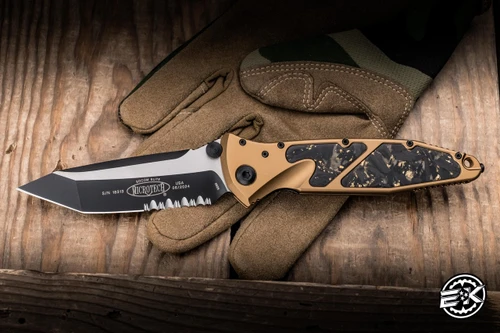 Preowned-Microtech Socom Elite Folding Knife Tan Aluminum/CF Inlay 4" M390 Tanto Black Serrated 161-2TA
