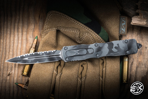 Preowned-Microtech Dirac Urban Camo OTF Automatic Knife 3" M390 Dagger Serrated 225-3UCS