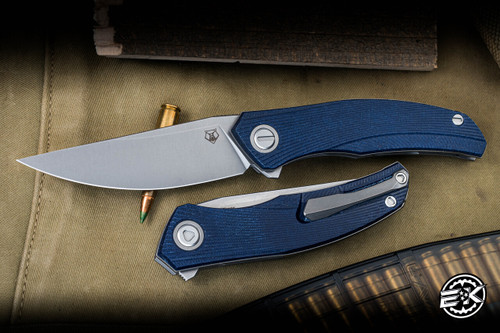 Shirogorov Knives Q95 Ursus Linerlock Folding Knife Blue Micarta 3.75" Elmax Drop Point Stonewash