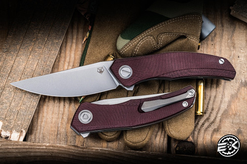 Shirogorov Knives Q95 Ursus Linerlock Maroon Micarta 3.75" Elmax Drop Point Stonewash