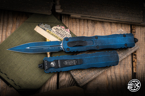 Microtech Dirac Delta OTF Automatic Knife Weather Blue 3.75" M390 Dagger Black 227-1WBL