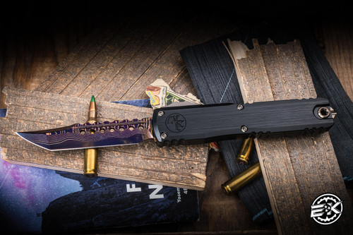 Microtech Marfione Select Ultratech Gen III ZBP OTF Automatic Knife 3.5" Hellhound Blued Baker Forge CopperMai Damascus 1119-16MS3-3
