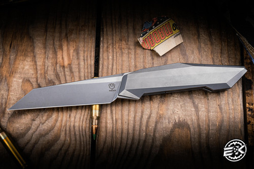 Poikilo Blade Prism Small Folding Knife Gray Titanium 3.9" M398 Reverse Tanto Pearlescent Stonewash